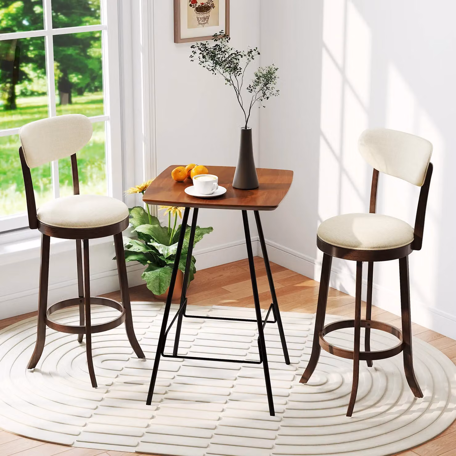 Costway Set of 2 Beige Swivel Counter Height Stools with Fabric Upholstery and Rubberwood Legs – 4