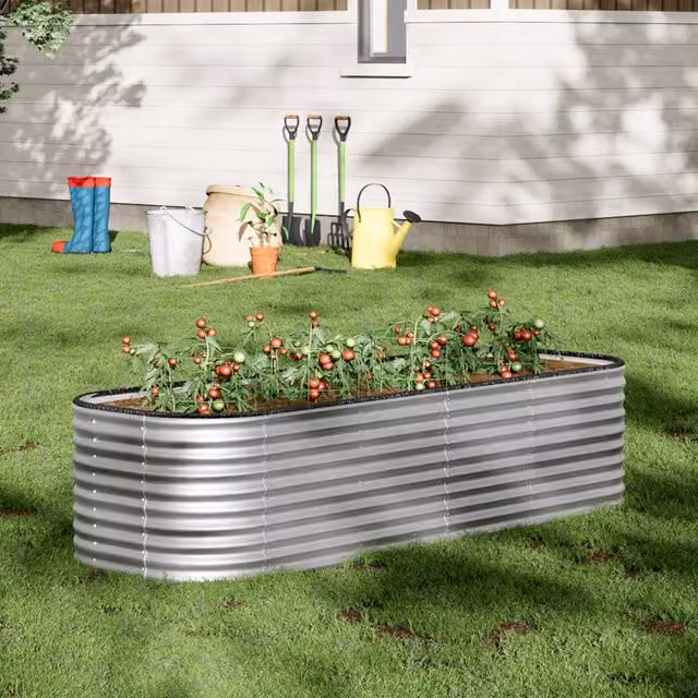Breeins Oval Galvanised Steel Raised Flower Bed in Silver, Height: 56 cm, Length: 240 cm