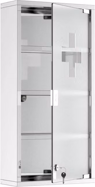 VOGREX Silver Stainless Steel Wall Mounted Medicine Cabinet with Glass Doors and Internal Shelves, W/D/H: 60 x 30 x 12 cm