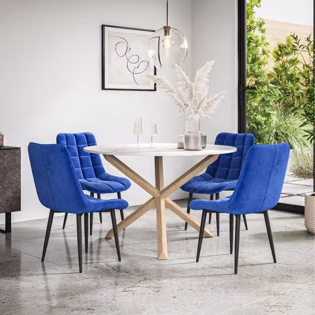 More4Homes Malvern Round Marble Effect Dining Table Set with Oak Legs and 4 Blue Nova Velvet Chairs, Diameter: 120 cm, Height: 75 cm