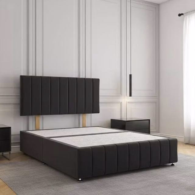 Regional Furnishings Black Velvet Upholstered Double Divan Bed with 24 inch Headboard and Footboard, W/D/H: 140 x 200 cm