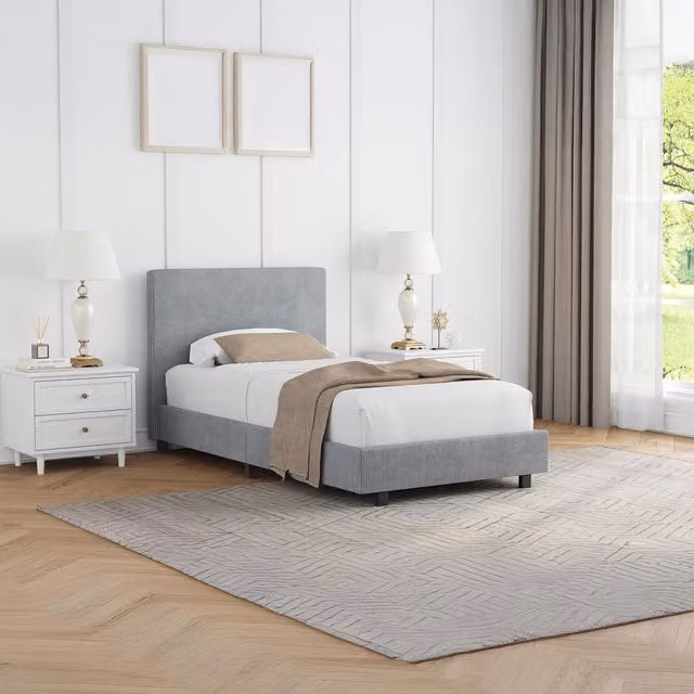 FWStyle Grey Single Bed Frame with Ribbed Upholstered Fabric and Wooden Slats