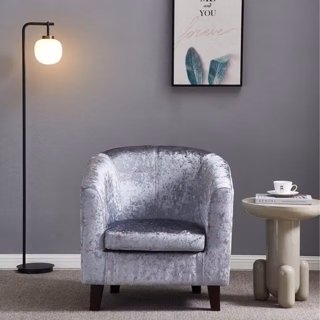 Comfy Living Grey Crush Velvet Modern Tub Chair with Armrests and Solid Wood Frame
