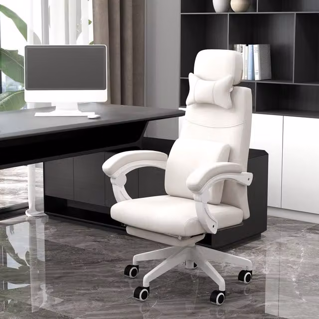Vinsetto Modern White Synthetic Leather Home Office Task Chair with 360 Degree Swivel and Foot Ring
