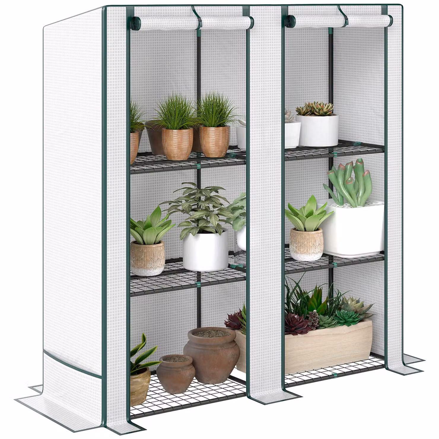 OUTSUNNY 3 Tier White Lean-to Mini Greenhouse with Green Hemmed Edging, H 152 x W 144 x D 48 cm – 2