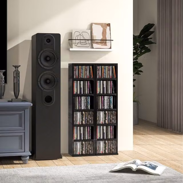 HOMCOM Set of 2 High Gloss Black CD Media Display Shelf Units with Media Compartments