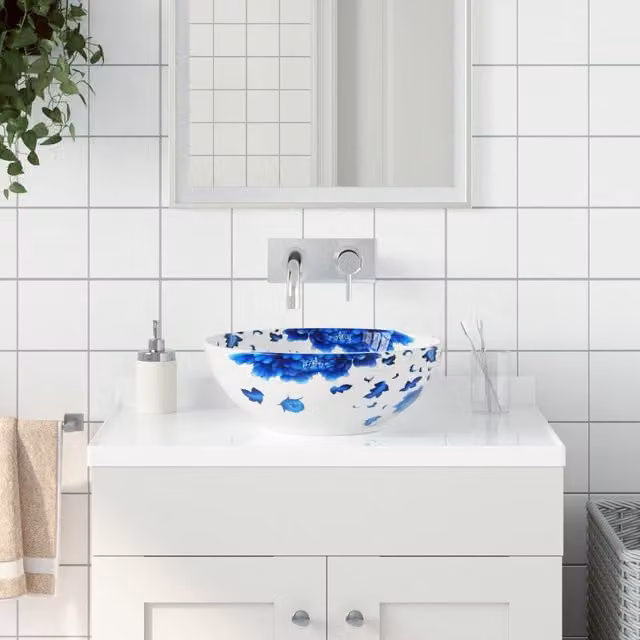 Berkfield Home Round Ceramic Countertop Basin in White and Blue, Diameter: 41 cm, Height: 14 cm