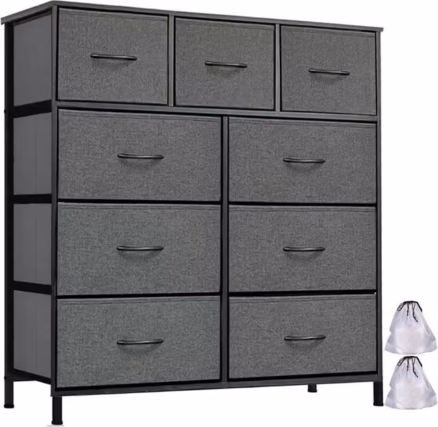 KORVIXA 9 Drawer Fabric Bedside Chest in Dark Grey