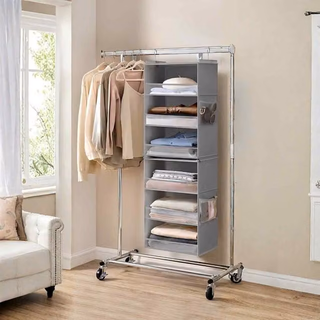 The Bazaarist Foldable 6 Tier Hanging Wardrobe Organizer with Hanging Rail, Grey