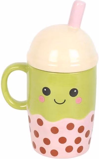 Something Different Kawaii Bubble Tea Ceramic Mug with Lid, Multicolour, 370ml