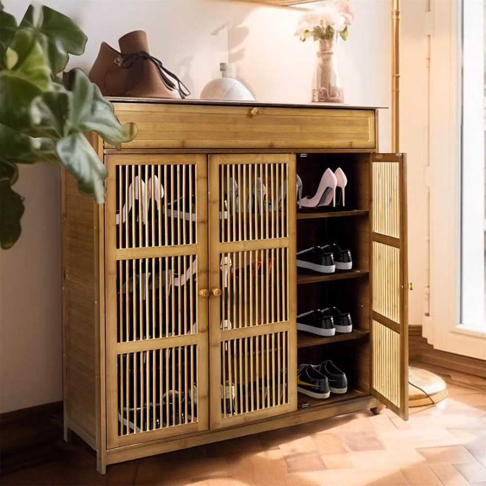 Kelvenix Bamboo Tall Shoe Cabinet in Brown with Hinged Doors and Internal Shelves – 4