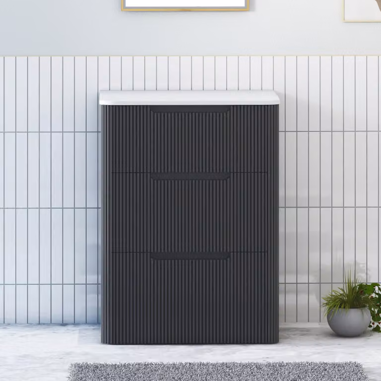 Royal Bathrooms Avenza 600mm Matt Obsidian Black Floor Standing 3 Drawer Vanity Unit with Plain White Worktop