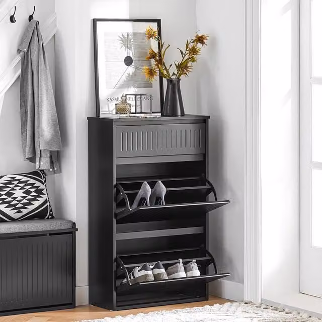 SoBuy Modern Black Shoe Cabinet with 2 Tilting Compartments and Pull Out Drawer
