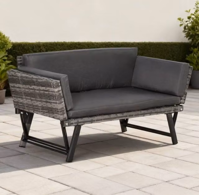 ERGOVEXA Grey Rattan Garden Bench with Armrests, W: 220 cm, D: 67 cm, H: 60 cm – 1