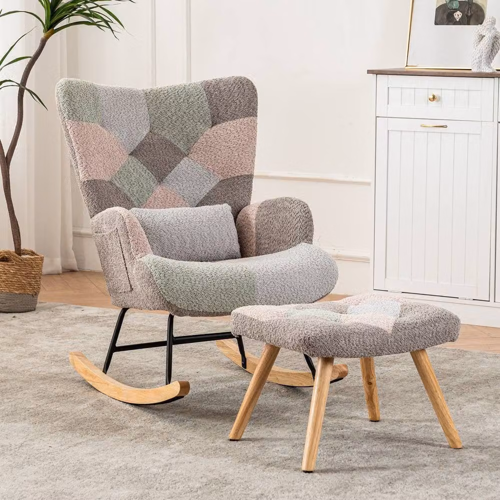 Matteo Multicolour Patchwork Fabric Wingback Rocking Armchair with Integrated Ottoman – 3