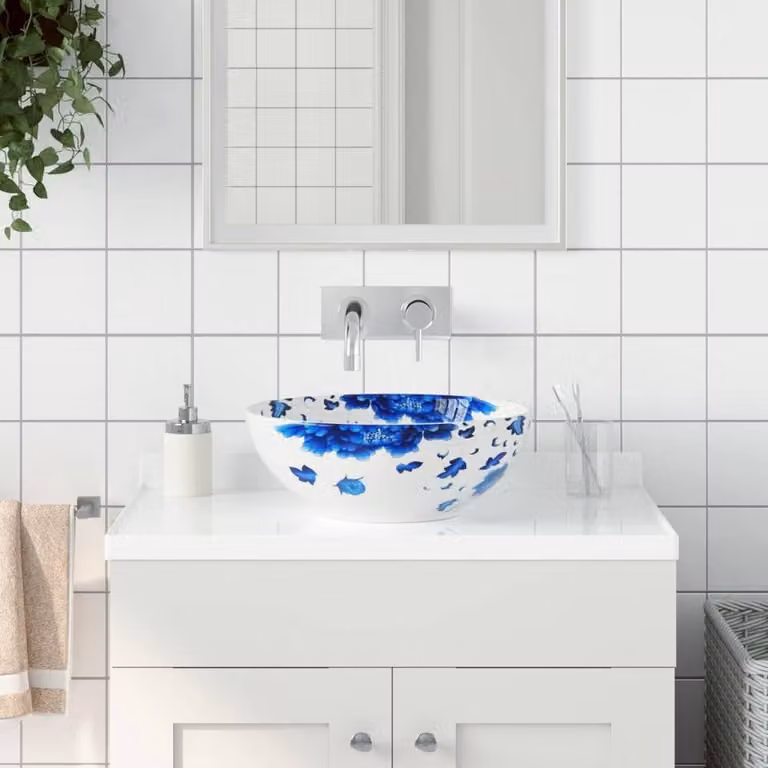 Berkfield Home Round Ceramic Countertop Basin in White and Blue, Diameter: 41 cm, Height: 14 cm