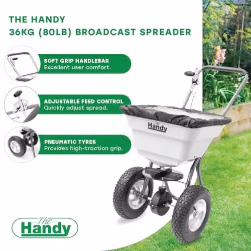 The Handy Manual Broadcast Spreader for Fertiliser, Grass Seed or Refined Ice Salts with 36kg Hopper and Adjustable Feed Control – 4