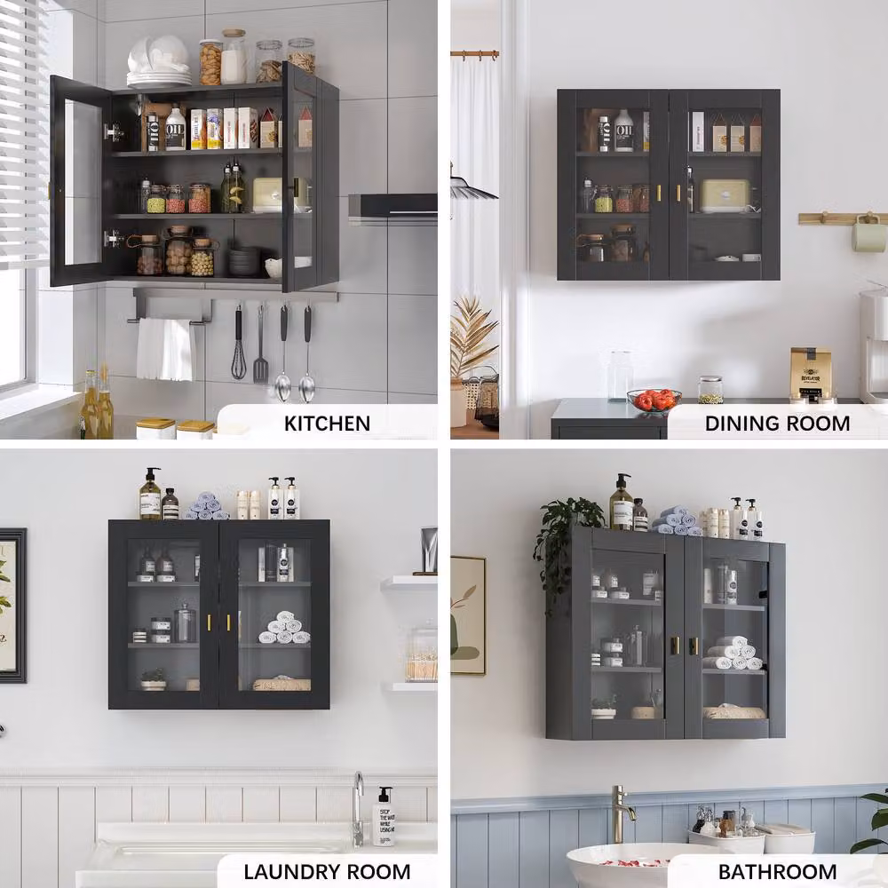 KEEPREAPER Modern Wall Mounted Kitchen Cabinet with 2 Glass Doors, Black and Gold, W/D/H: 70 x 23 x 60 cm – 6