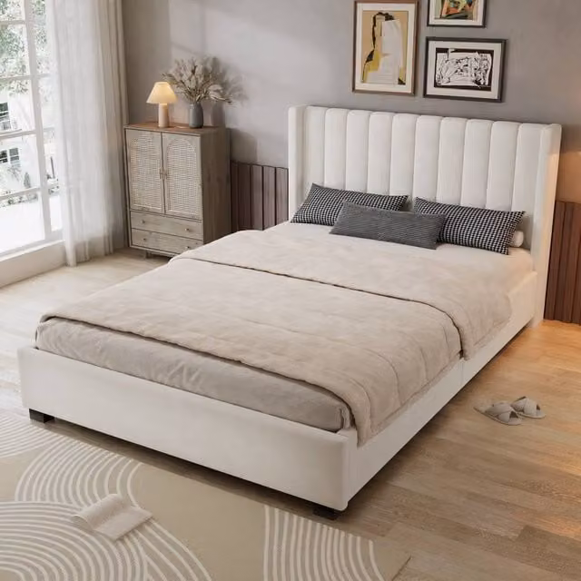 Rolipo Beige Velvet Upholstered Double Storage Bed with 4 Drawers, W/D/H: 140 x 200 x 135 cm