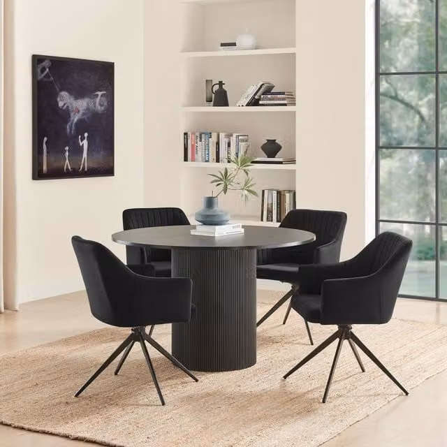 FurnitureboxUK Penrose Black Round Dining Table and 4 Calla Velvet Swivel Chairs, Diameter: 120 cm – 1