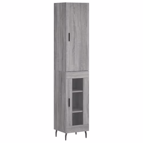 vidaXL Modern Grey Sonoma Highboard with Glass Doors and Internal Shelves, W/D/H: 34.5 x 34 x 180 cm