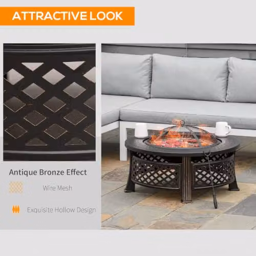 Outsunny Bronze Tone Round Steel Outdoor Fire Pit with Grill Net and Poker, Diameter: 81 cm – 5