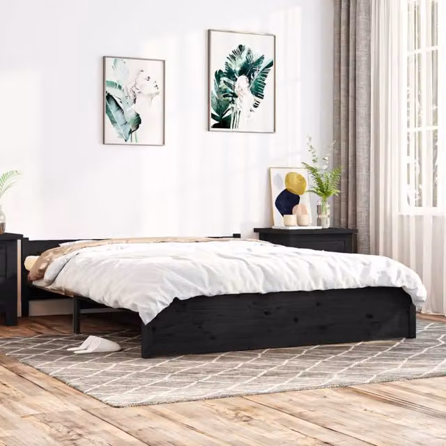 Berkfield Home Modern Black Solid Pine Wood Bed Frame W: 140 cm, L: 190 cm