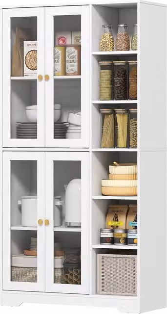 HOMCOM White Modern Tall Kitchen Cupboard and Pantry Storage Unit with Soft Close Hinged Doors – 1