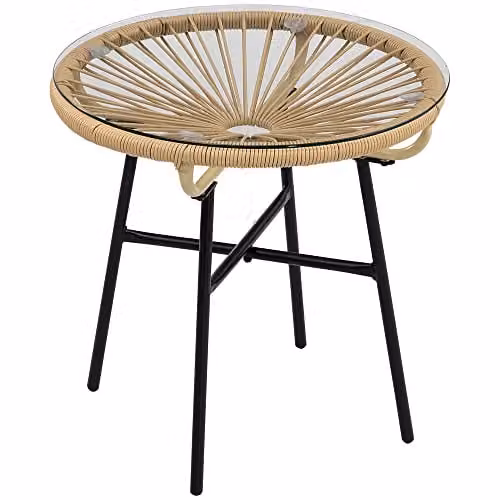 Outsunny Round PE Rattan Side Table with Tempered Glass Top in Beige, Black or Brown – 1