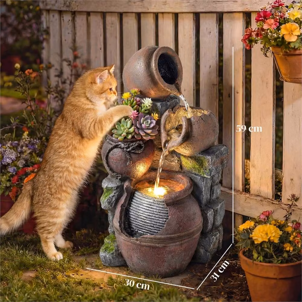 Nordara 4-Tier Brown Stone Cascade Outdoor Garden Water Fountain with LED Lights, W/D/H: 60 x 60 x 100 cm – 2