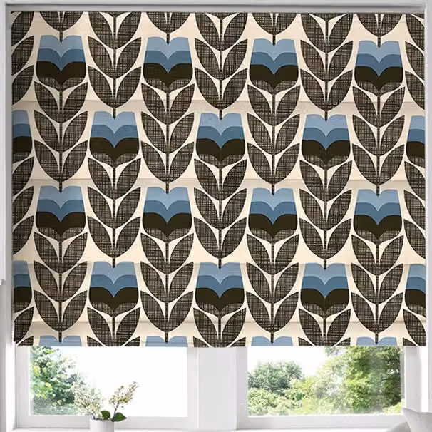 Orla Kiely Rose Bud Made to Measure Blackout Roman Blind in Powder Blue and Grey Floral Pattern