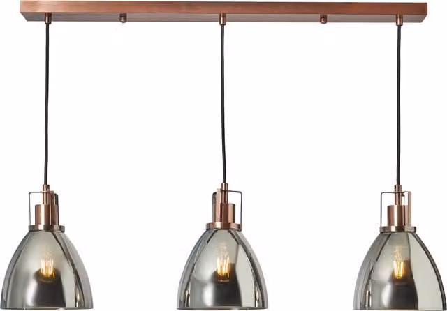 Litecraft Indy 3 Light Pendant Ceiling Light with Smoke Glass Shades in Copper