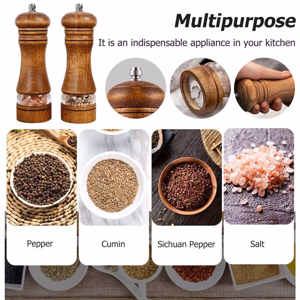 KORVIXA 2-Piece Brown Oak Wood Manual Pepper Mill Set – 5