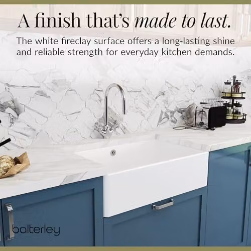 Balterley White Ceramic Butler Sink Single Bowl with Mono Crosshead Mixer Tap and Waste, Width: 79.5 cm – 3