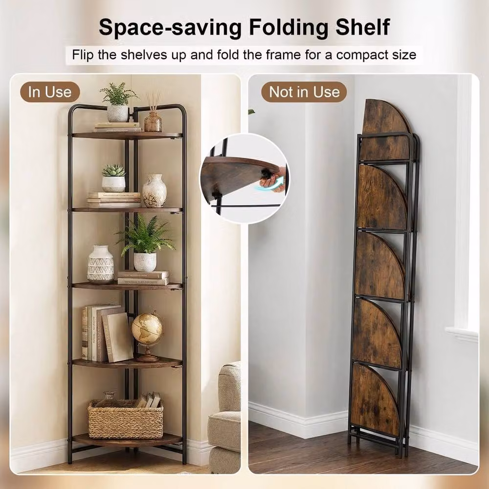 VOGREX 5-Tier Foldable Freestanding Corner Display Shelf in Brown Metal – 4