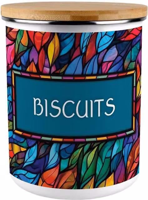 Purely Home Stained Glass Patterned Extra Large Enamel Biscuit Tin in Multicolour and White