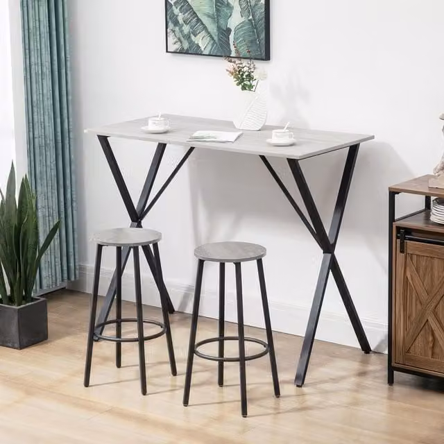 HOMCOM Modern Round Bar Table with White Wood Effect Top and Steel X-Frame Legs