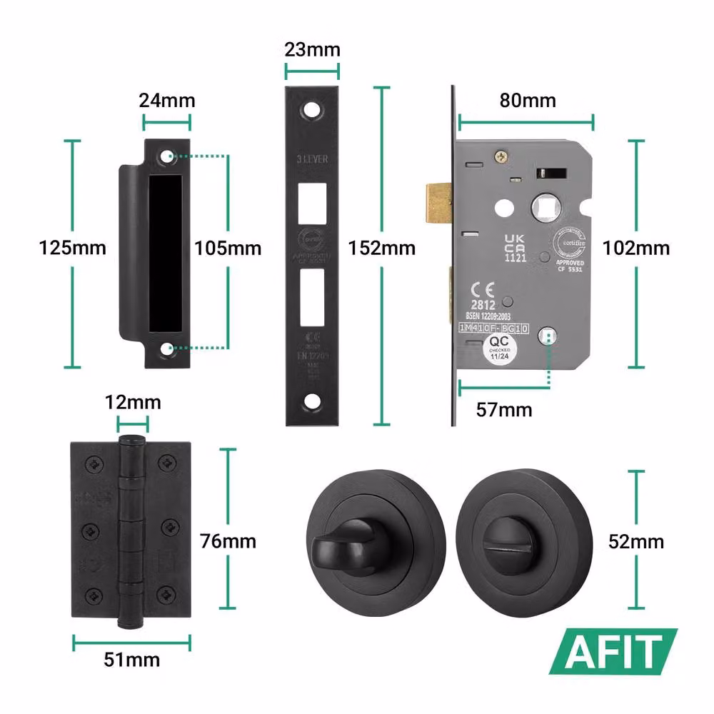 AFIT Matt Black Round Rose Bathroom Door Handle with 80mm WC Lock and Hinges, W/D/H: 15.0 x 15.0 x 15.0 cm – 3