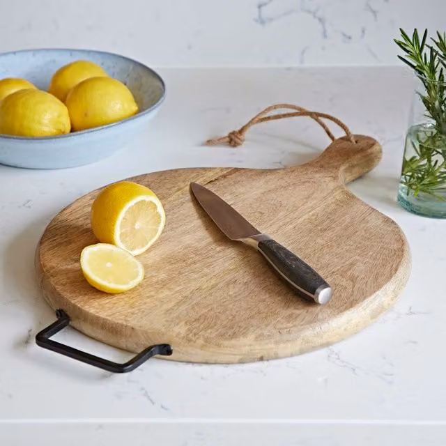 Paper High Natural Mango Wood Round Chopping Board in Brown