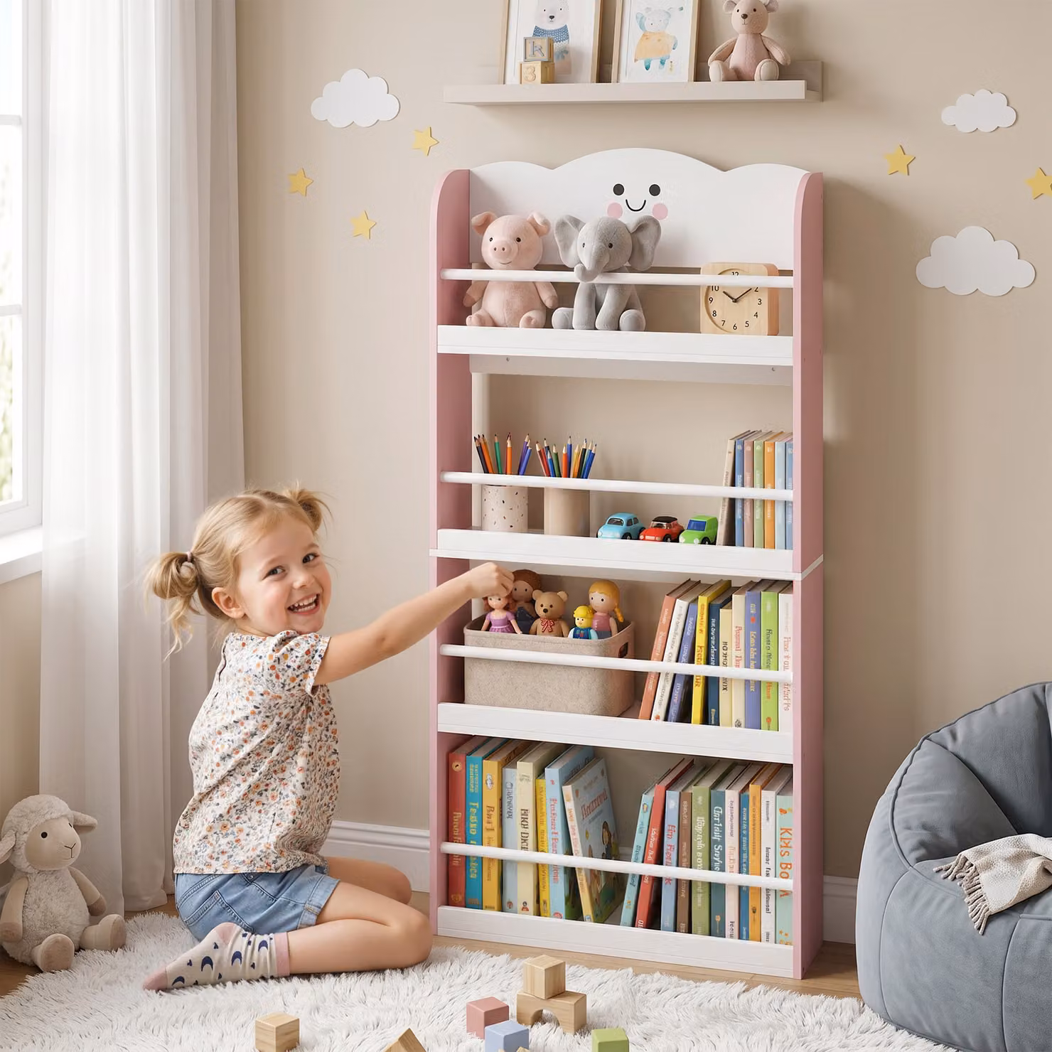 AIYAPLAY 4 Tier Wall-Mounted Kids Bookshelf in Pink and White – 2
