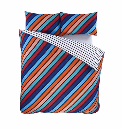 Rapport Home Striped Microfibre Reversible Bedding Set with Duvet Cover and Pillowcase, Blue and Multicolour, W/H: 90 x 200 cm – 2