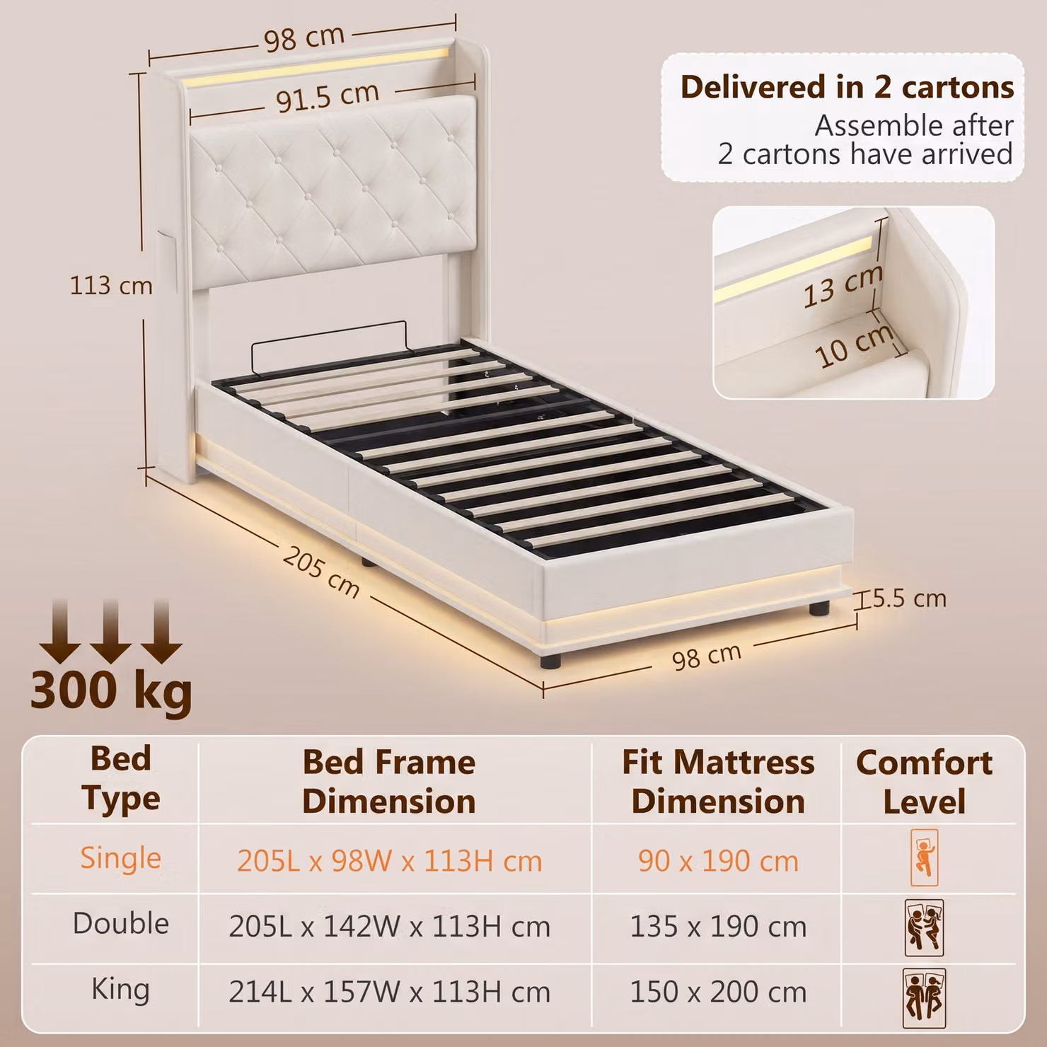 HOMCOM Single Bed Frame with Headboard, Hydraulic Storage, LED Lights and USB Charging Station, White, 90 x 190 cm – 3