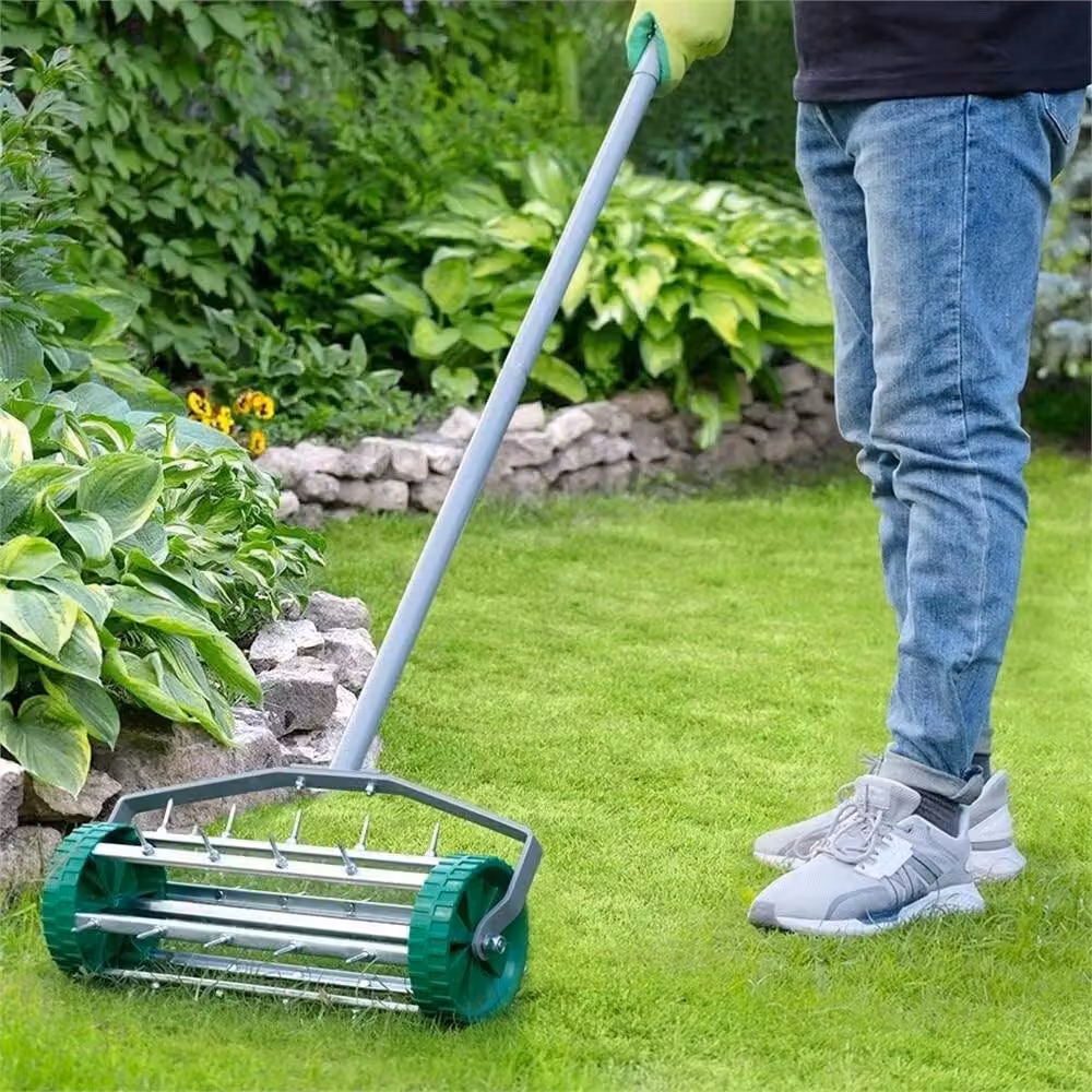 SPETLEK Heavy Duty Rolling Lawn Aerator Roller with 3 Piece Steel Handle in Green – 3