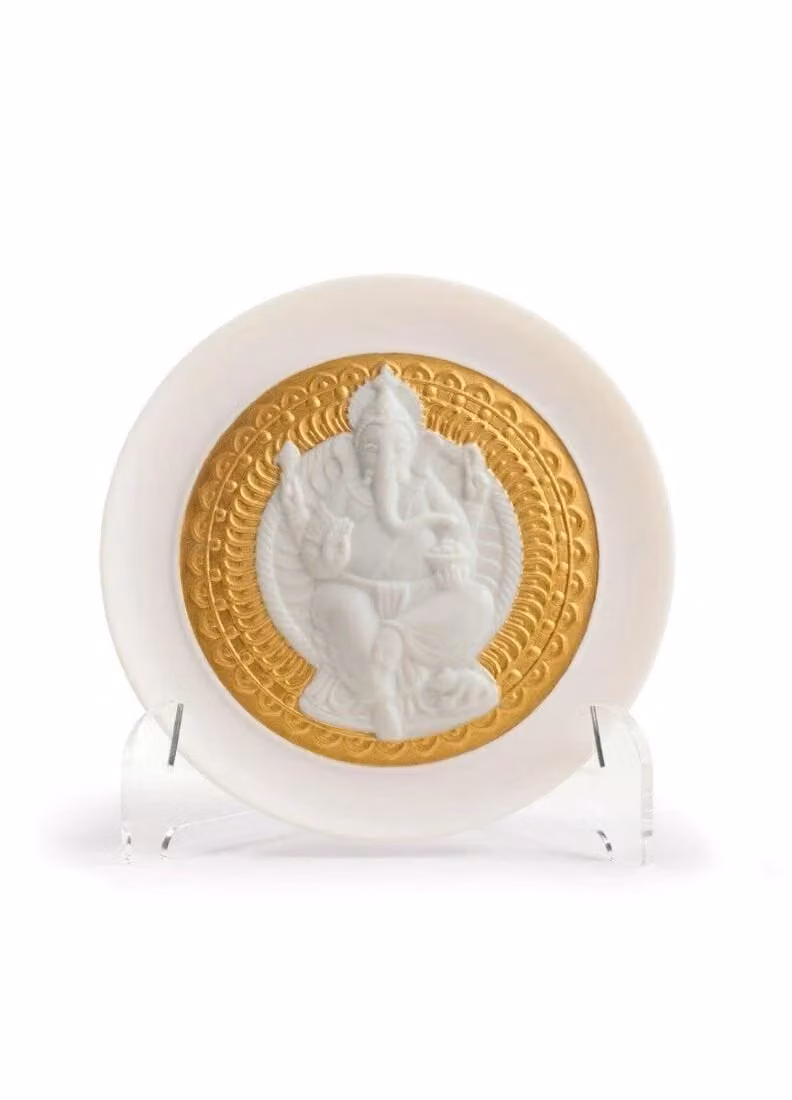 Lladró Lord Ganesha Decorative Porcelain Plate in Gold and White