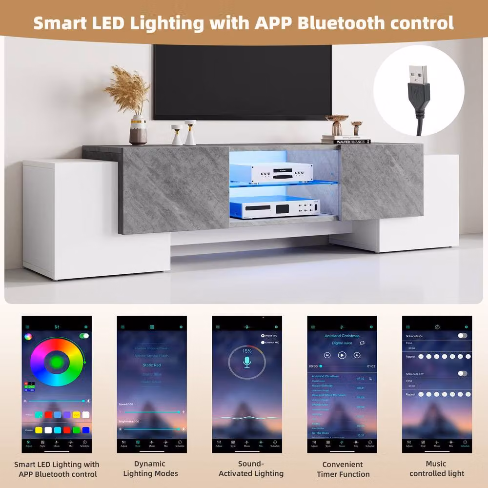 BTM LED TV Stand with 4 Doors and Open Storage, White and Grey, W: 180 cm, D: 40 cm, H: 46.5 cm – 3