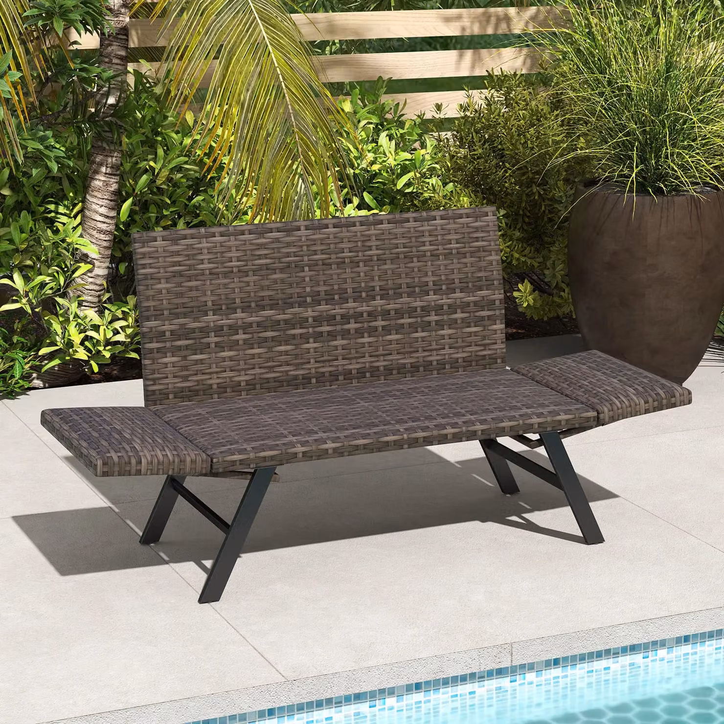 Costway Grey Polyrattan Patio Convertible Sofa for 2 with Quick Dry Foam Padded Cushions and Metal Frame – 7