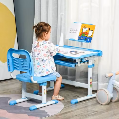 HOMCOM Height Adjustable Kids Desk and Chair Set with Sloped Surface in Blue – 2