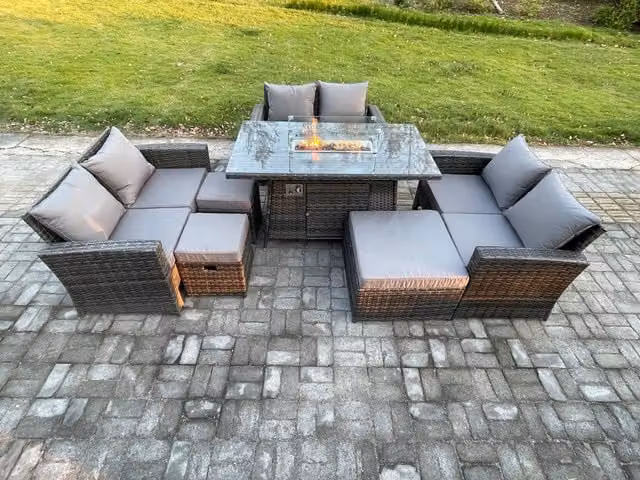 Fimous High Back Rattan Garden Furniture Set with Gas Firepit Dining Table and 3 Footstools in Dark Grey