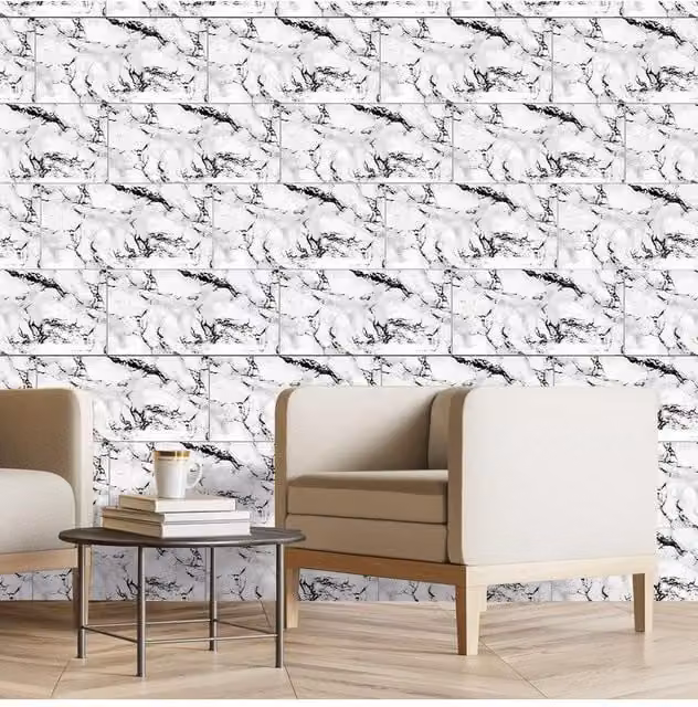 H&O Direct 10-Piece White and Ink Marbling PVC Peel and Stick Waterproof Rectangle Wall Tiles