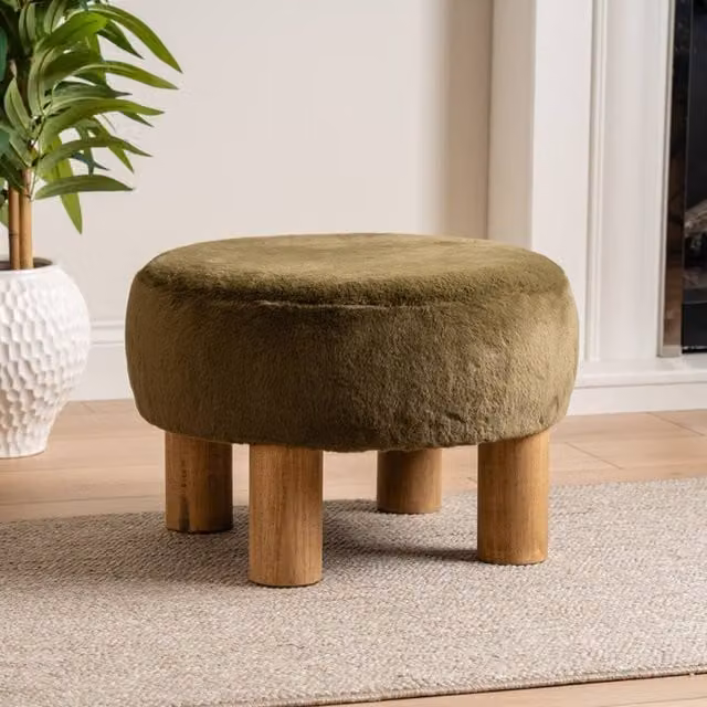 Scottish Everlastings Ltd Soft Faux Fur Round Green Foot Stool, W/D/H: 50 x 50 x 33 cm